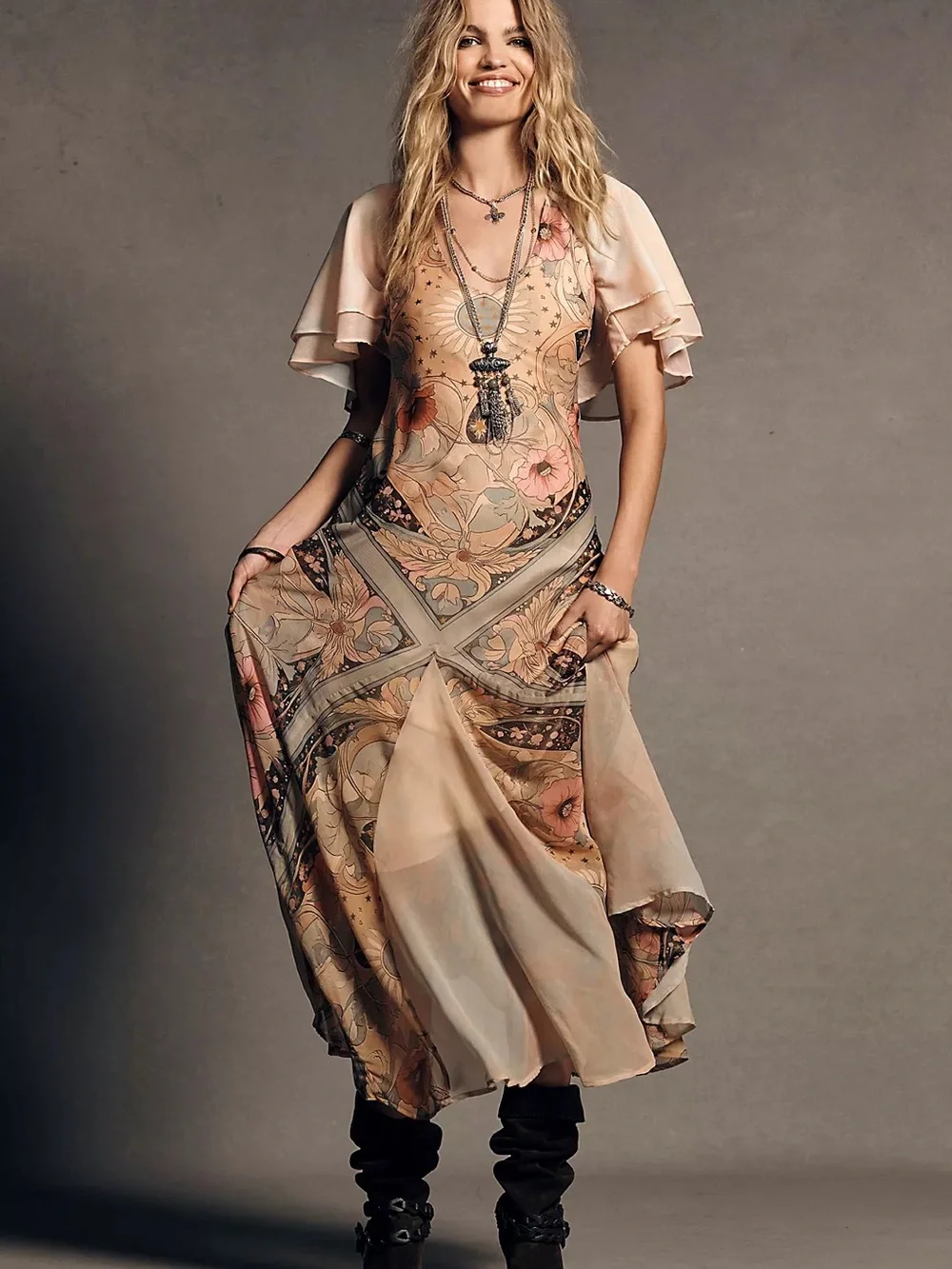 People Bohemian Floral Maxi Dress in Blush Pink